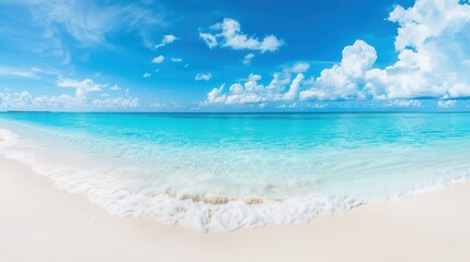 Fototapeta premium Maldives Paradise, idyllic sandy beach with pristine white sand, gentle turquoise waves, sunny skies adorned with fluffy white clouds, vibrant tropical landscape inviting relaxation.