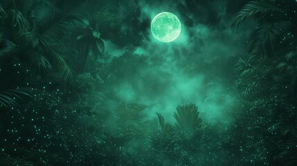 Fototapeta premium Mystical Moonlit Jungle Night with Glowing Lights and Fog