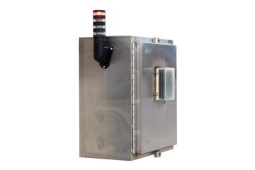 Explosion proof junction box aluminum isolated on cut out PNG or transparent background Electrical with cable route application. Weatherproof Instrument contain analog signal red, green warning lights