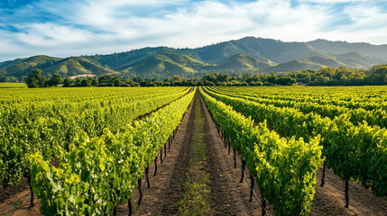 Obraz premium Expansive vineyard landscape with lush green grapevines under a clear blue sky, set against rolling hills and distant mountains.