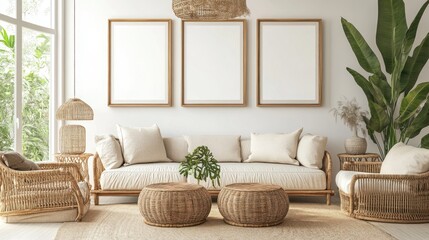 Bohemian Living Room Interior Design with Rattan Furniture