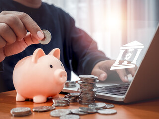 Saving account, deposit online, digital financial investment concepts. Online banking icon showing...
