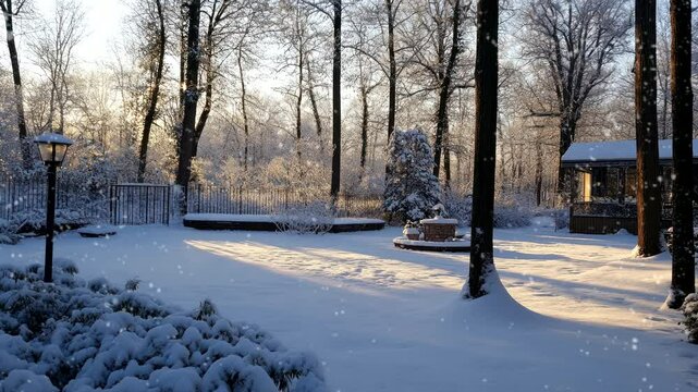 Snow-covered backyard with trees and soft morning sunlight during winter. Seamless looping 4k time-lapse video background