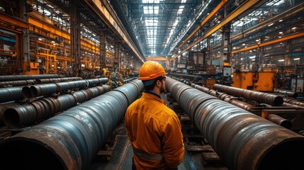 Determined Factory Worker Operating Crane to Move Heavy Steel Pipes in Industrial Warehouse, Rugged Atmosphere Canon 24mm Lens Photography