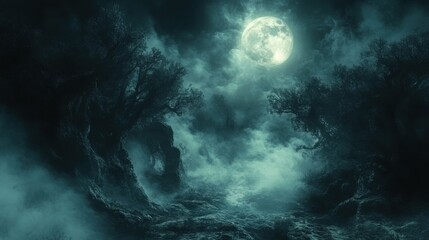 Haunting Encounter in the Dark Forest - Spooky Ghostly Figure Emerging in Mysterious Night Setting with Fog and Moonlight