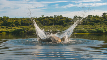 A photo of a large splash in the water. The splash is made by a stone being thrown into the water. The background is filled with greenery. The water is calm, with only ripples spreading out