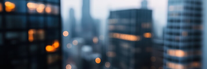 A blurred city skyline with illuminated building lights, creating an abstract representation of urban life in the evening, emphasizing the bustling essence of metropolitan areas.
