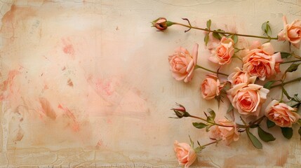 Vintage floral grunge backdrop, intricate rose patterns blend with aged textures, creating a romantic and nostalgic ambiance perfect for artistic projects.