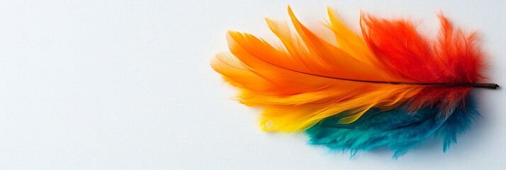 Obraz premium A single, brightly colored feather on a white background, symbolizing beauty, freedom, creativity, lightness, and nature.