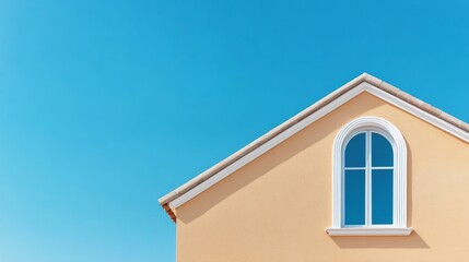 Obraz premium A single arched window with white trim sits atop a peach-colored roof against a bright blue sky, symbolizing sophistication, light, openness, and home.