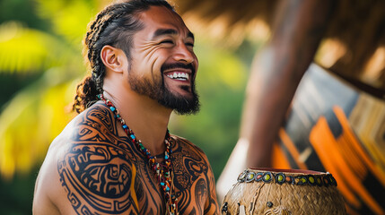 A smiling Polynesian man with intricate tribal tattoos playing traditional drums, creating a joyful and vibrant cultural scene.