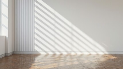 Minimalist interior design, spacious empty room featuring white walls, wooden ceiling, parquet flooring, gray striped wallpaper accents, ideal for wallpapering ideas and concepts