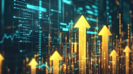 Abstract background of glowing gold arrows pointing upward on a digital display with data and charts.