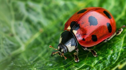 Fototapeta premium Ladybug on Green Leaf Close-Up
