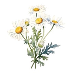 Fototapeta premium Delicate Watercolor Chamomile Flowers on White Background