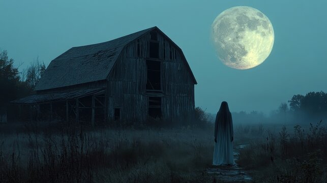 Haunting Specter at Moonlit Old Barn