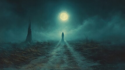 Haunting Specter Hovering over Desolate Country Road on Moonlit Night