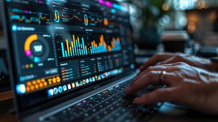 Close up of a hand typing on a laptop, with charts and graphs displayed on the screen. AI generative. .