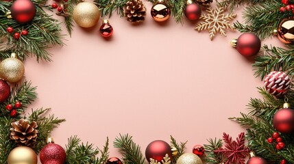 Christmas Decoration Border with Pine Branches  Baubles and Pine Cones on Pink Background