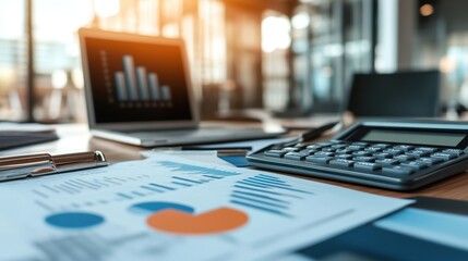 Close-up view of financial documents, calculator, and laptop displaying graphs, ideal for business and finance themes.