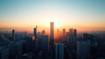 Fototapeta premium Stunning sunrise over a city skyline, illuminating skyscrapers with warm golden light and casting long shadows.