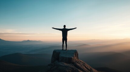 Fototapeta premium A person stands on a rocky peak, arms outstretched, embracing the breathtaking beauty of nature at sunset.