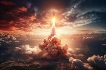 A rocket launches through a fiery sky, leaving a trail of smoke and clouds. AI generative. .