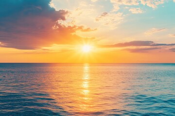 Obraz premium Horizon Sea Sky Background, Sunset sky clouds over sea in the evening with Orange, Yellow sunlight Golden hour in Summer landscape, Dusk sky seascape backgrounds , ai