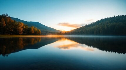 A serene landscape showcasing a calm lake reflecting the surrounding mountains at sunrise, capturing nature's tranquility and beauty.