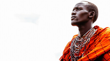 Obraz premium African man in traditional attire gazing thoughtfully into the distance, adorned with intricate bead necklaces, against a clean white background.