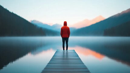 Fototapeta premium A serene scene of a person standing on a dock at sunrise, surrounded by tranquil water and mountains, evoking peace and reflection.