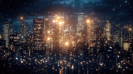 Fototapeta premium Night Cityscape with Skyscrapers and Starry Sky