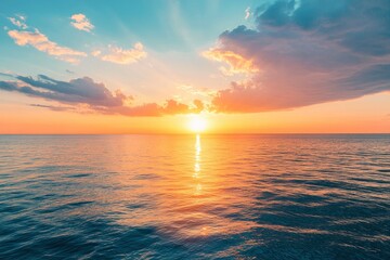 Obraz premium Horizon Sea Sky Background, Sunset sky clouds over sea in the evening with Orange, Yellow sunlight Golden hour in Summer landscape, Dusk sky seascape backgrounds , ai