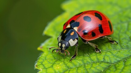 Fototapeta premium Macro Photography of a Ladybug on a Green Leaf