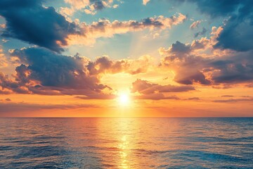 Obraz premium Horizon Sea Sky Background, Sunset sky clouds over sea in the evening with Orange, Yellow sunlight Golden hour in Summer landscape, Dusk sky seascape backgrounds , ai
