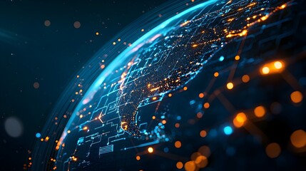 Obraz premium Futuristic Global Digital Network and Communication Systems Illuminating the Earth