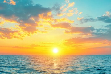 Obraz premium Horizon Sea Sky Background, Sunset sky clouds over sea in the evening with Orange, Yellow sunlight Golden hour in Summer landscape, Dusk sky seascape backgrounds , ai