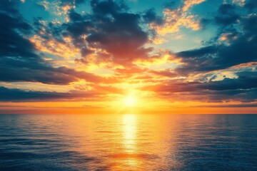 Fototapeta premium Horizon Sea Sky Background, Sunset sky clouds over sea in the evening with Orange, Yellow sunlight Golden hour in Summer landscape, Dusk sky seascape backgrounds , ai