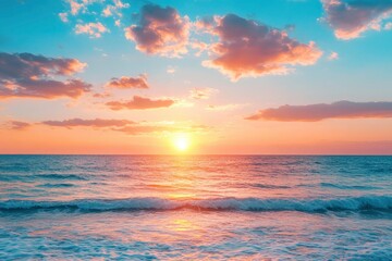 Obraz premium Horizon Sea Sky Background, Sunset sky clouds over sea in the evening with Orange, Yellow sunlight Golden hour in Summer landscape, Dusk sky seascape backgrounds , ai
