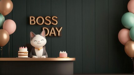 Feline boss sitting at a desk with a Best Boss sign on the wall, balloons and cake, 3D illustration