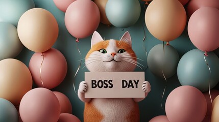 Office cat holding Happy Boss Day sign, surrounded by balloons, 3D illustration