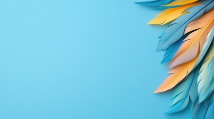 Obraz premium Blue and Yellow Feathers on Blue Background with Copy Space