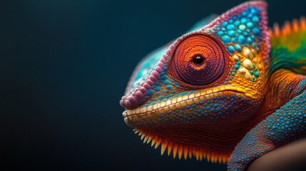 Fototapeta premium A stunning close-up of a chameleon showcasing its vibrant colors and intricate scales. This captivating image highlights the reptile's unique ability to blend seamlessly into its surroundings, making