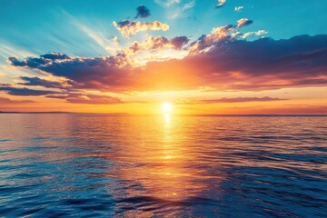 Obraz premium Horizon Sea Sky Background, Sunset sky clouds over sea in the evening with Orange, Yellow sunlight Golden hour in Summer landscape, Dusk sky seascape backgrounds , ai