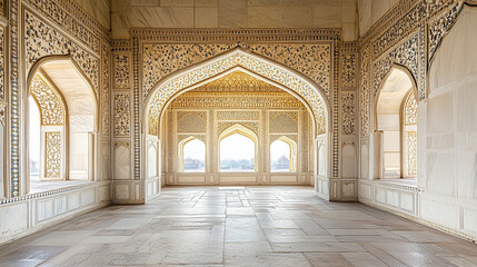 Intricate marble interior of an ornate, historic building with archways and detailed carvings, illuminated by soft, natural light.