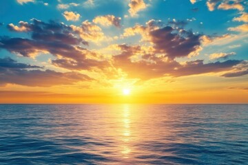 Horizon Sea Sky Background, Sunset sky clouds over sea in the evening with Orange, Yellow sunlight Golden hour in Summer landscape, Dusk sky seascape backgrounds , ai