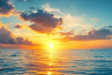 Fototapeta premium Horizon Sea Sky Background, Sunset sky clouds over sea in the evening with Orange, Yellow sunlight Golden hour in Summer landscape, Dusk sky seascape backgrounds , ai