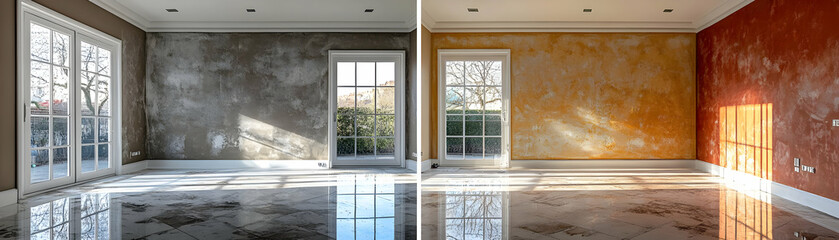 Photo: Before and After Renovation - Empty Room with Marble Floor, Newly Painted Walls, and Sunlight from Windows