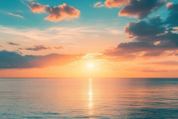 Obraz premium Horizon Sea Sky Background, Sunset sky clouds over sea in the evening with Orange, Yellow sunlight Golden hour in Summer landscape, Dusk sky seascape backgrounds , ai