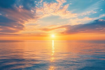 Fototapeta premium Horizon Sea Sky Background, Sunset sky clouds over sea in the evening with Orange, Yellow sunlight Golden hour in Summer landscape, Dusk sky seascape backgrounds , ai